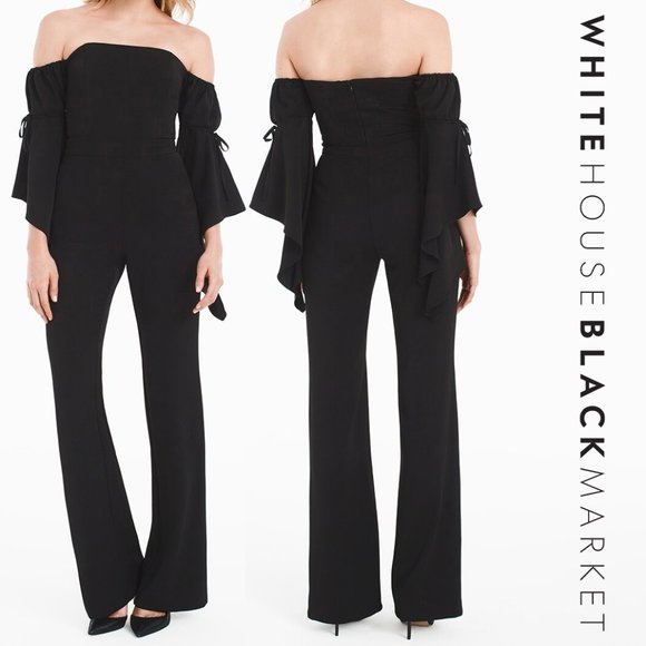 White House Black Market Pants - WHBM Off The Shoulder Drama Sleeve Jumpsuit Black